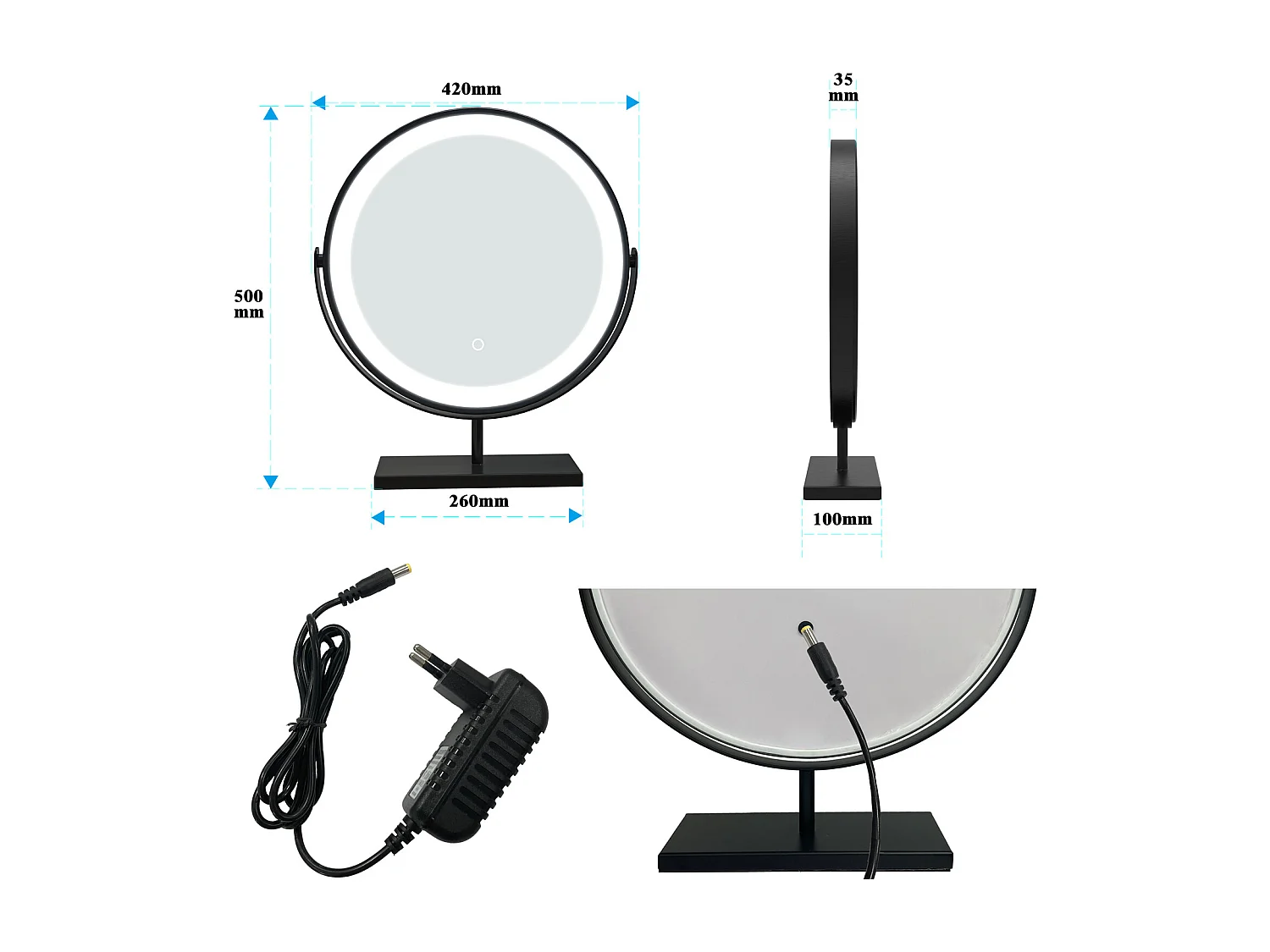 AICA Kosmetikspiegel mit LED-Beleuchtung ø42cm 3 Lichtfarbe+dimmbar Schwarz Tischspiegel Helligkeit-Memory