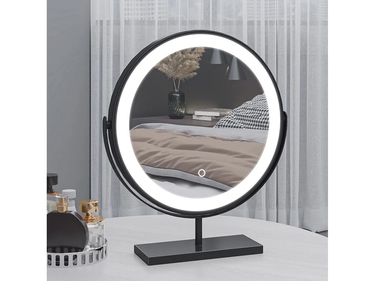 AICA Kosmetikspiegel mit LED-Beleuchtung ø42cm 3 Lichtfarbe+dimmbar Schwarz Tischspiegel Helligkeit-Memory