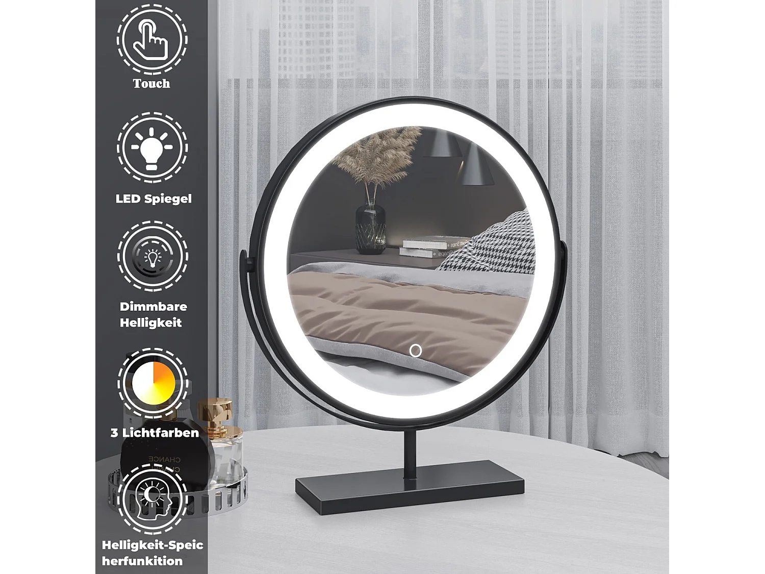 AICA Kosmetikspiegel mit LED-Beleuchtung ø42cm 3 Lichtfarbe+dimmbar Schwarz Tischspiegel Helligkeit-Memory
