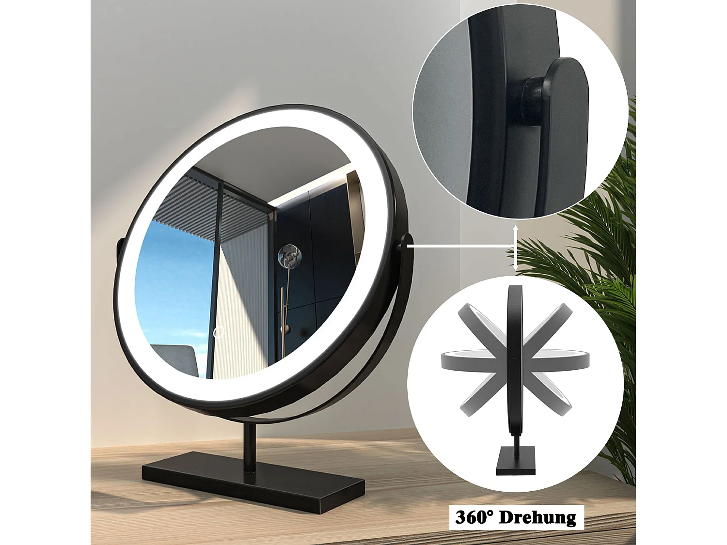 AICA Kosmetikspiegel mit LED-Beleuchtung ø42cm 3 Lichtfarbe+dimmbar Schwarz Tischspiegel Helligkeit-Memory