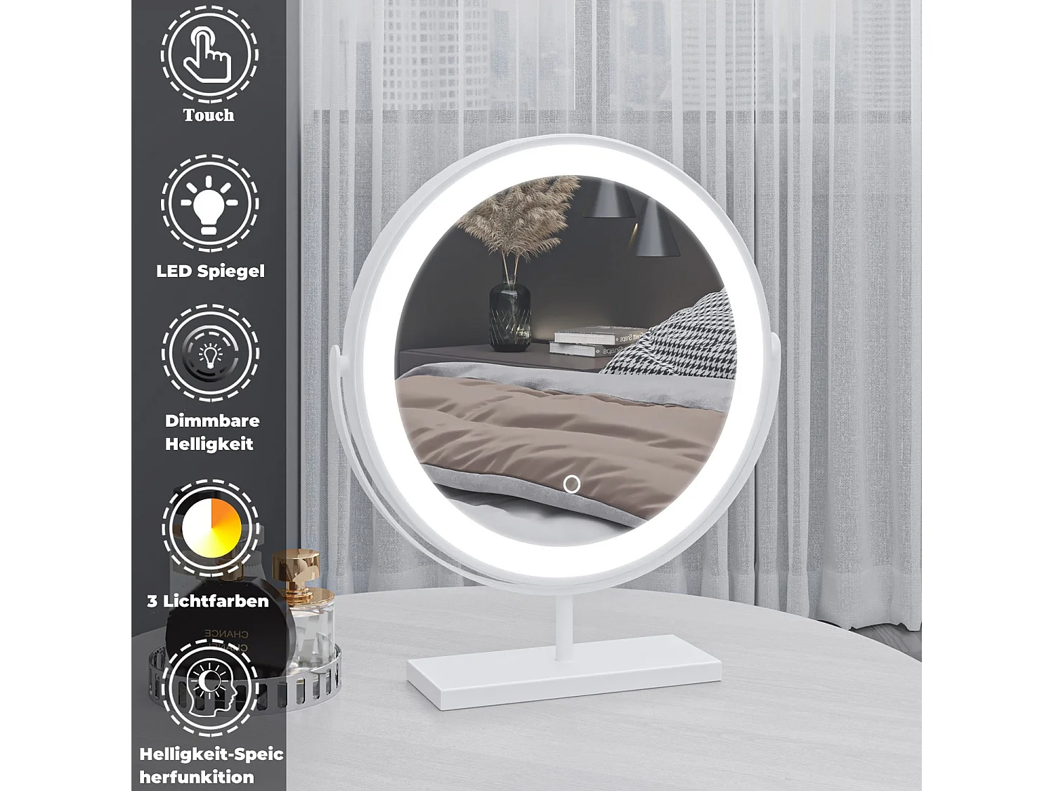 AICA Kosmetikspiegel mit LED-Beleuchtung ø42cm 3 Lichtfarbe+dimmbar Weiß Tischspiegel Helligkeit-Memory