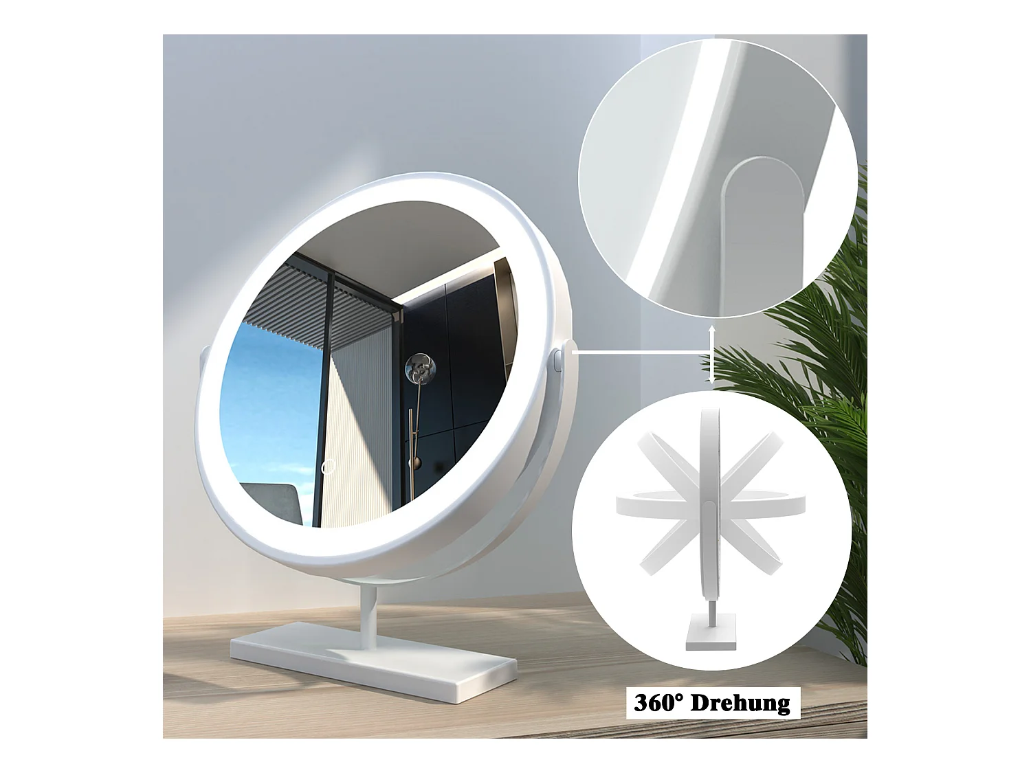 AICA Kosmetikspiegel mit LED-Beleuchtung ø42cm 3 Lichtfarbe+dimmbar Weiß Tischspiegel Helligkeit-Memory