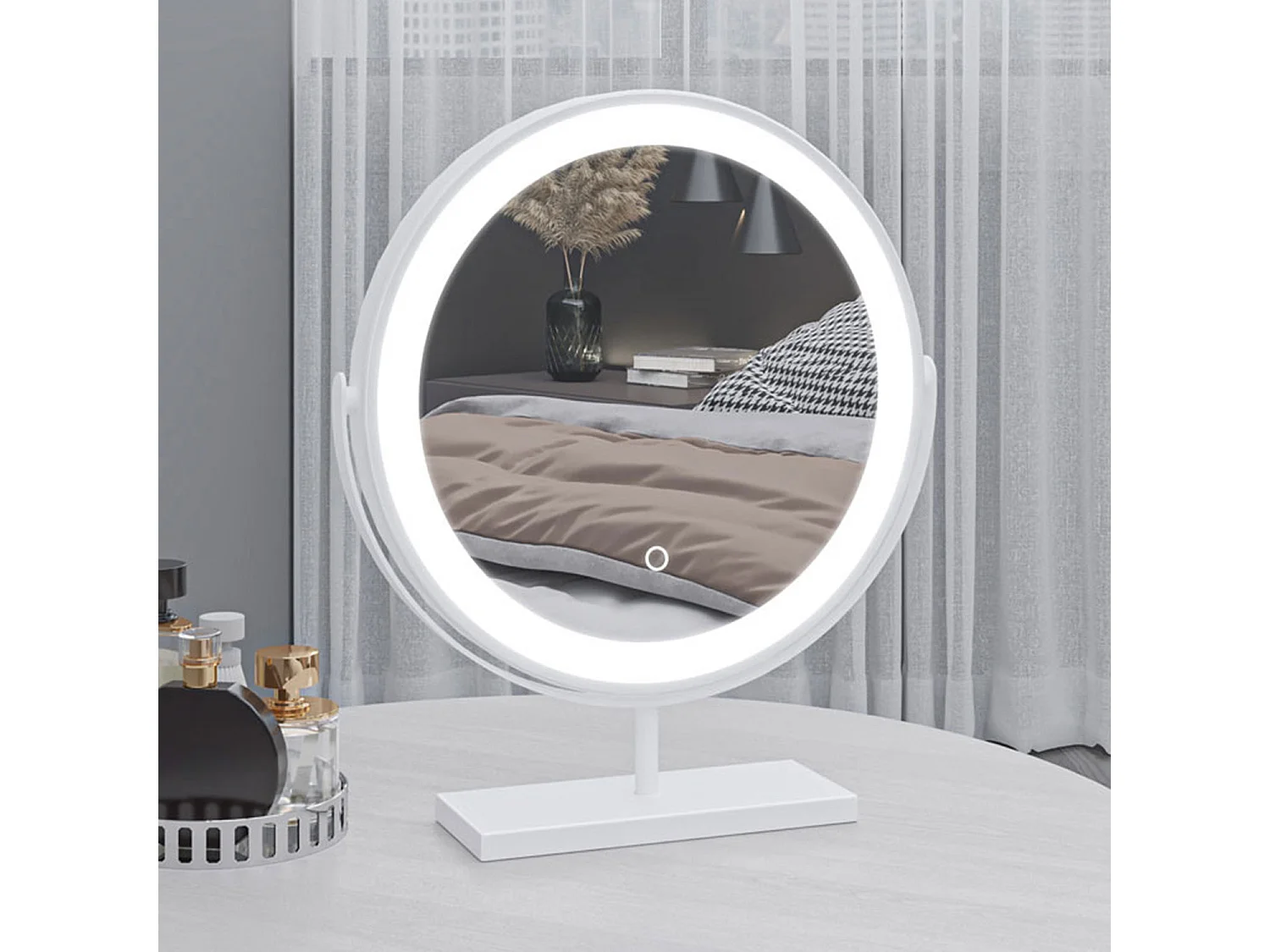 AICA Kosmetikspiegel mit LED-Beleuchtung ø42cm 3 Lichtfarbe+dimmbar Weiß Tischspiegel Helligkeit-Memory