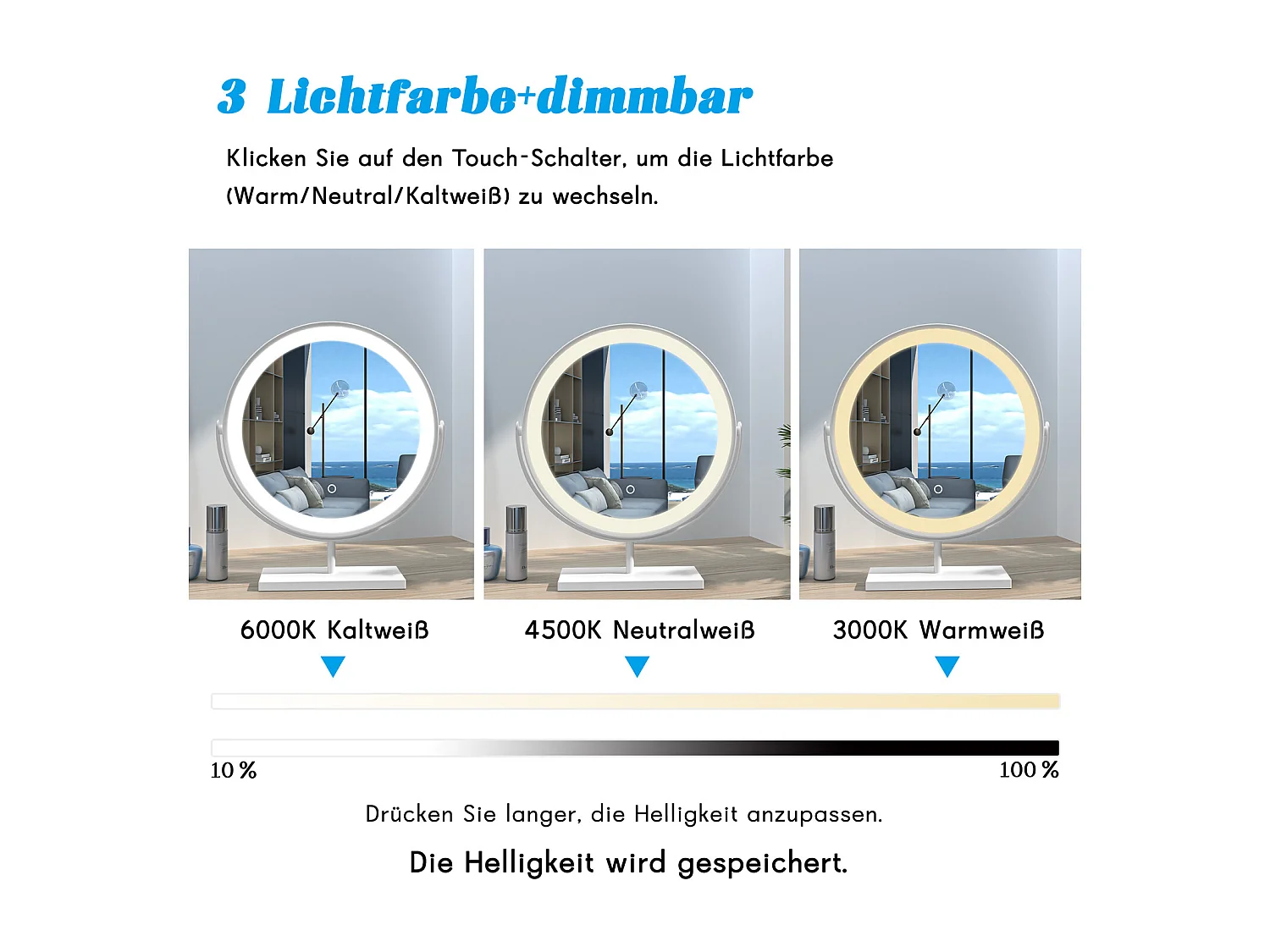 AICA Kosmetikspiegel mit LED-Beleuchtung ø42cm 3 Lichtfarbe+dimmbar Weiß Tischspiegel Helligkeit-Memory
