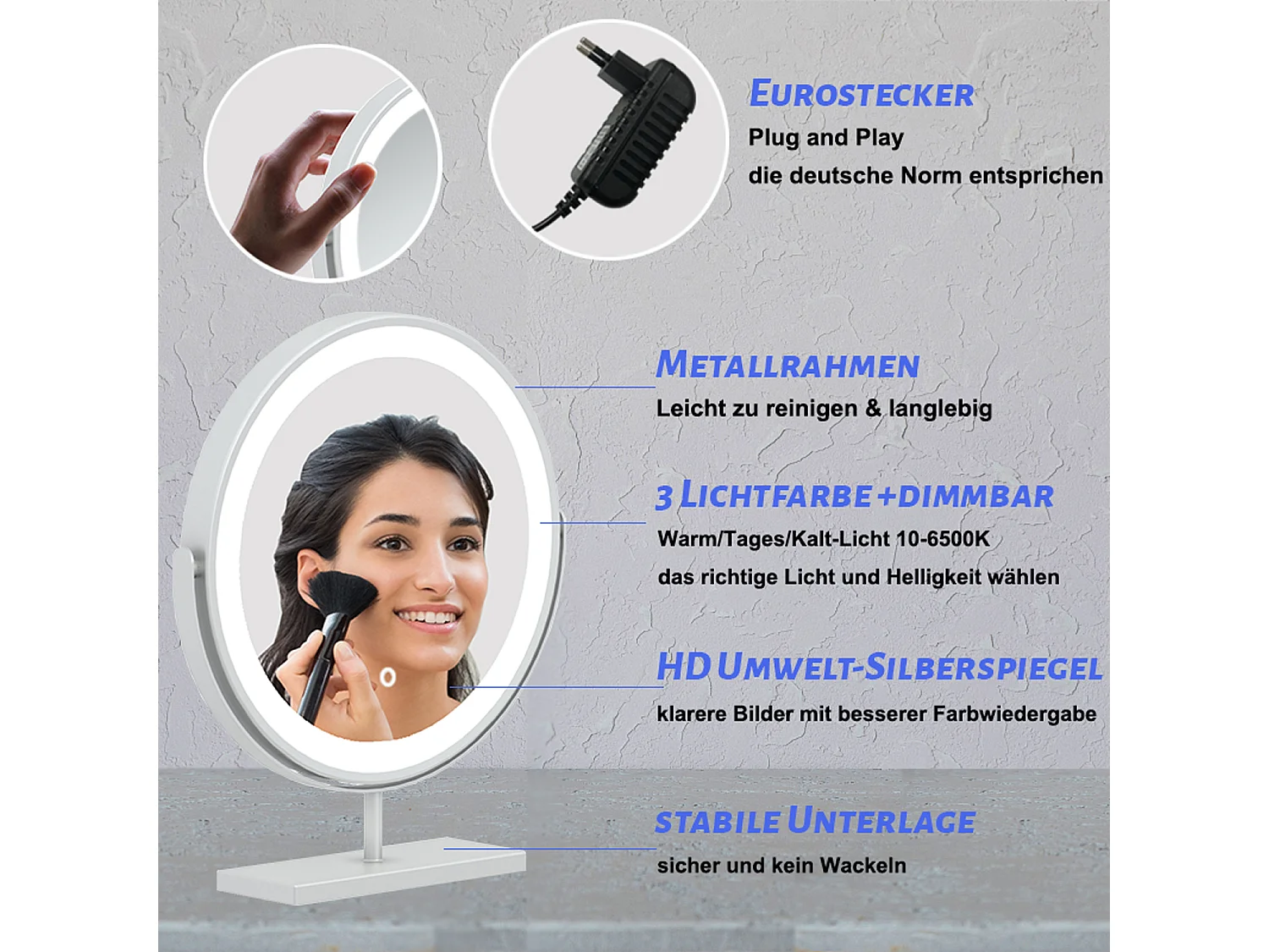 AICA Kosmetikspiegel mit LED-Beleuchtung ø42cm 3 Lichtfarbe+dimmbar Weiß Tischspiegel Helligkeit-Memory