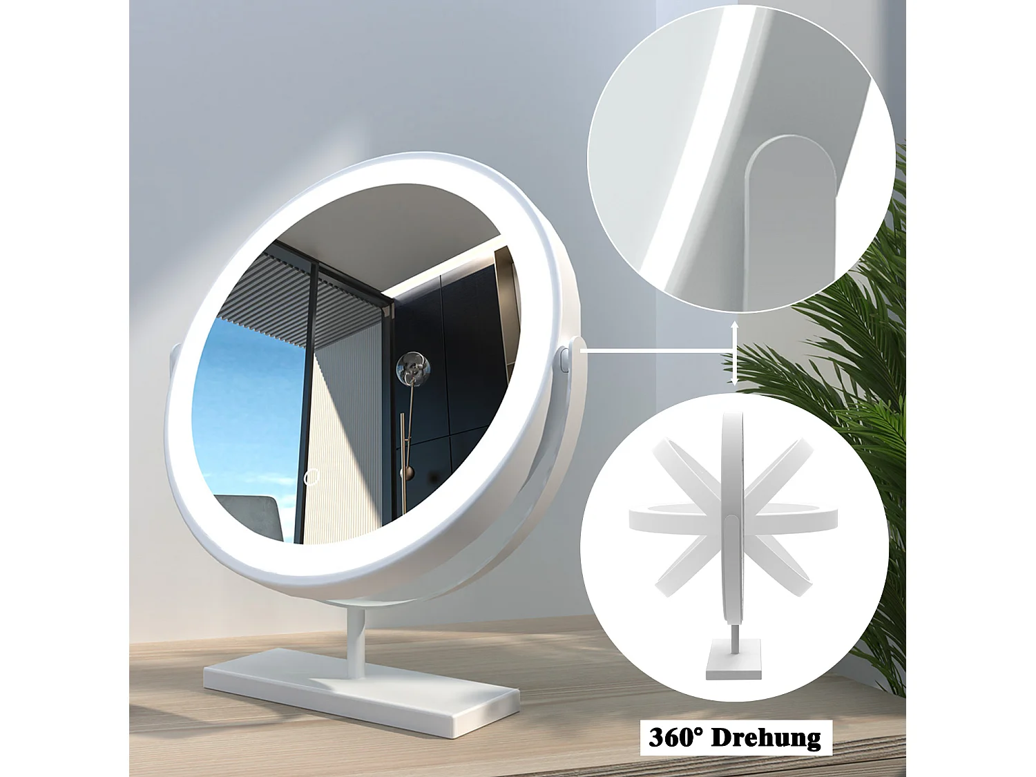 AICA Kosmetikspiegel mit LED-Beleuchtung ø42cm 3 Lichtfarbe+dimmbar Weiß Tischspiegel Helligkeit-Memory