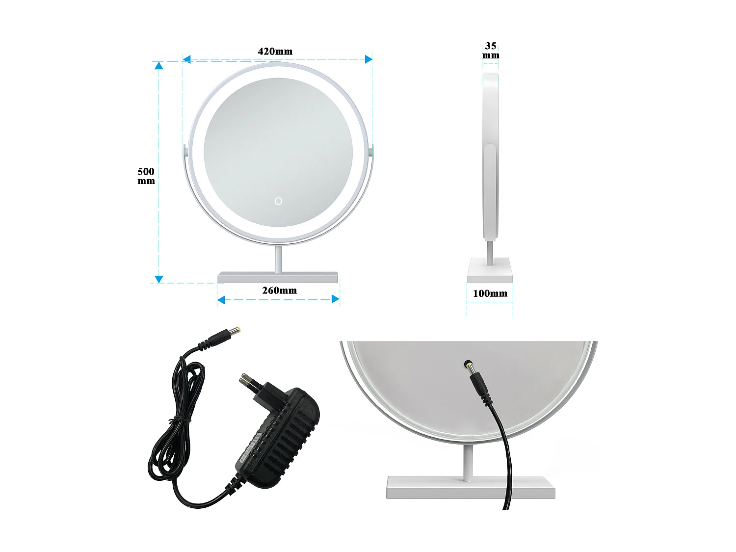 AICA Kosmetikspiegel mit LED-Beleuchtung ø42cm 3 Lichtfarbe+dimmbar Weiß Tischspiegel Helligkeit-Memory
