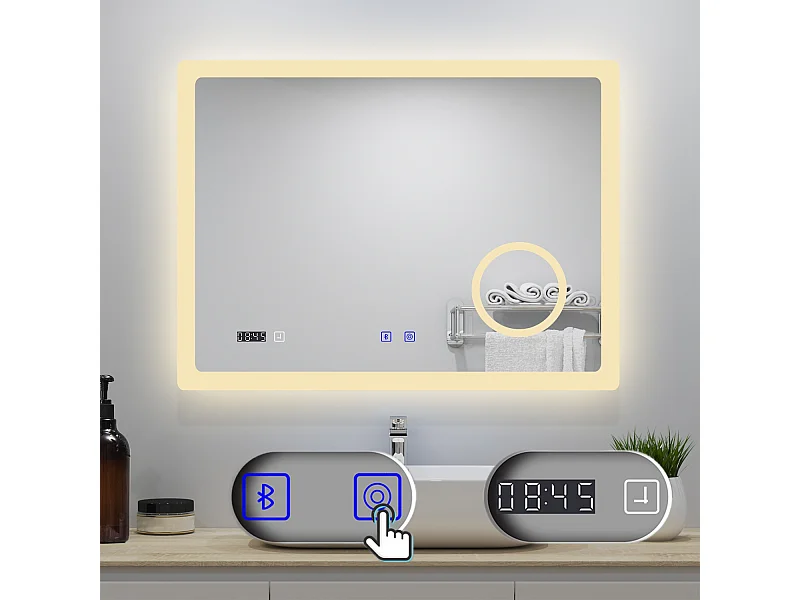 AICA Badspiegel mit LED-Beleuchtung 80x60cm Bluetooth Uhr Kosmetikspiegel 3 Lichtfarbe+Dimmbar Beschlagfrei Memory-Funktion