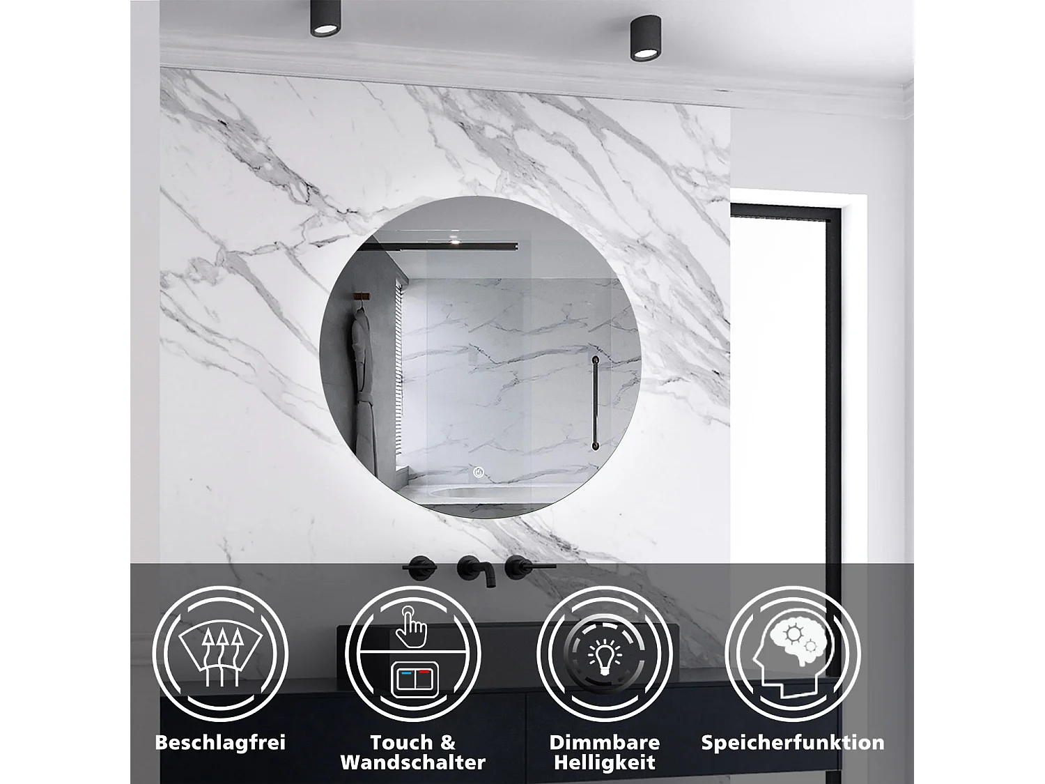 AICA LED Badspiegel Rund 80cm Beschlagfrei Kaltweiß Dimmbar Memory-Funktion