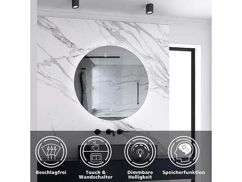 AICA LED Badspiegel Rund 80cm Beschlagfrei Kaltweiß Dimmbar Memory-Funktion