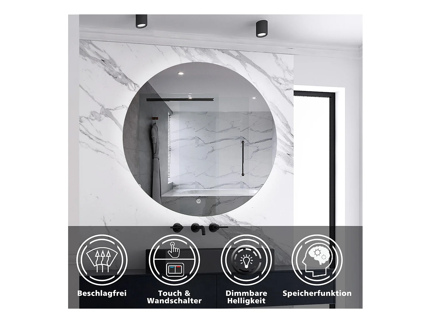 AICA LED Badspiegel Rund 90cm Beschlagfrei Kaltweiß Dimmbar Memory-Funktion