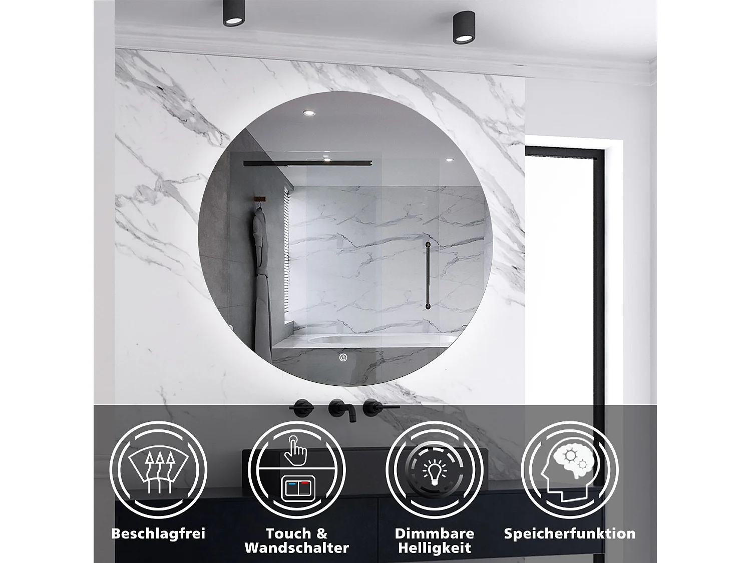 AICA LED Badspiegel Rund 90cm Beschlagfrei Kaltweiß Dimmbar Memory-Funktion