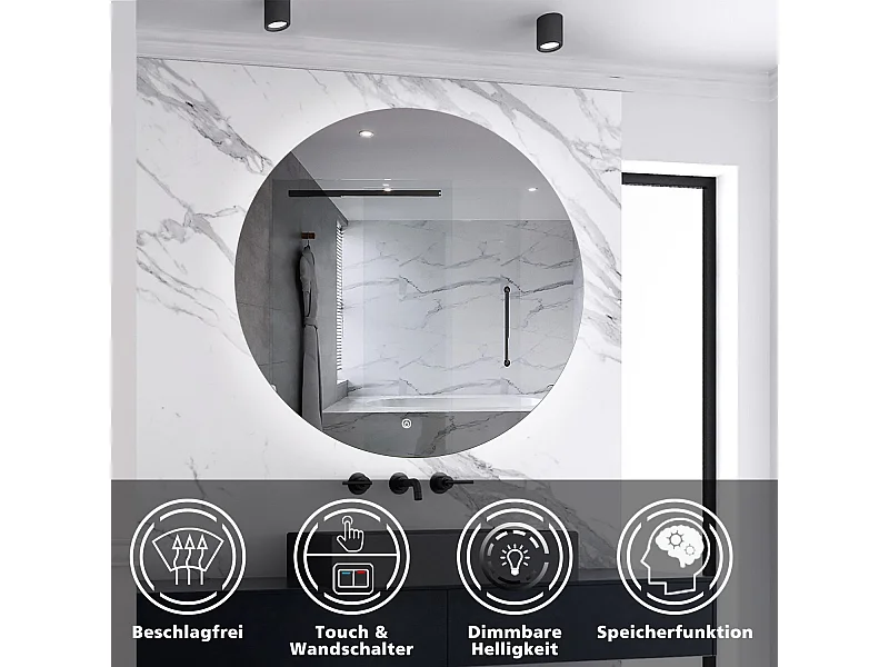 AICA LED Badspiegel Rund 90cm Beschlagfrei Kaltweiß Dimmbar Memory-Funktion