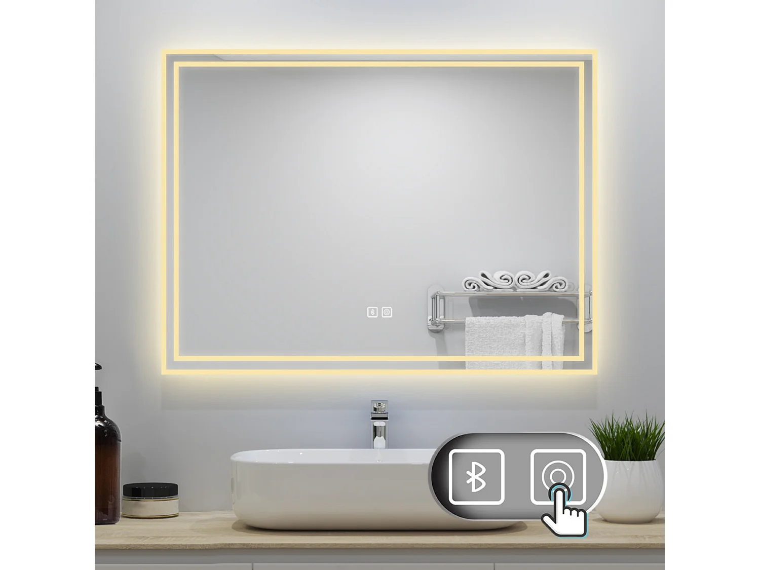 AICA Badezimmerspiegel mit LED-Beleuchtung 70x50cm Bluetooth 3 Lichtfarbe+Dimmbar Beschlagfrei Memory-Funktion