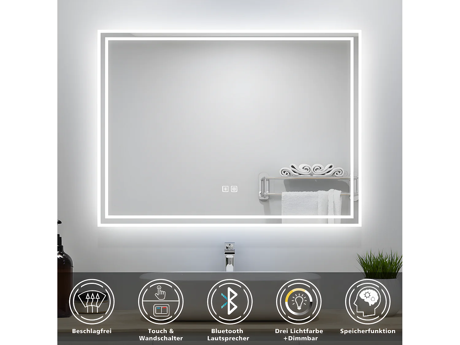 AICA Badezimmerspiegel mit LED-Beleuchtung 70x50cm Bluetooth 3 Lichtfarbe+Dimmbar Beschlagfrei Memory-Funktion