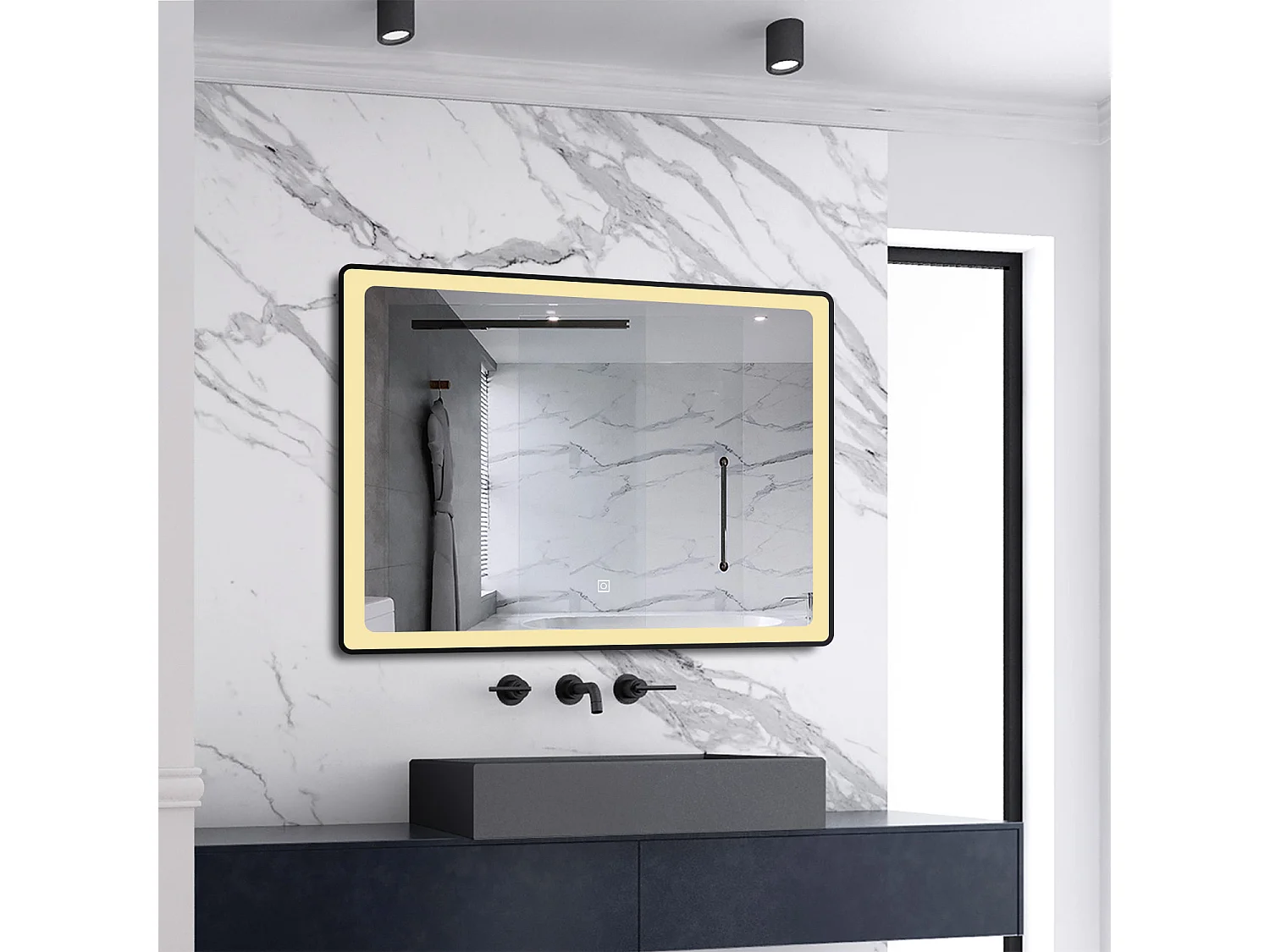 AICA Badspiegel mit LED-Beleuchtung 100x60cm Beschlagfrei 3 Lichtfarbe 3000K-6000K+Dimmbar Schwarz Rahmen