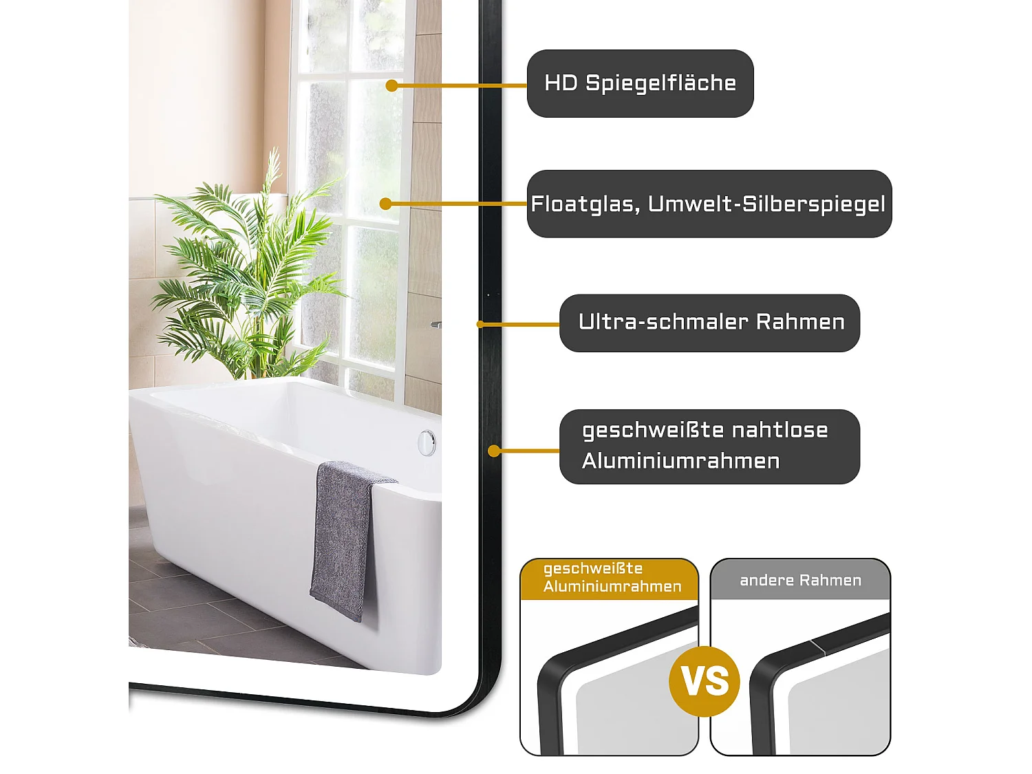 AICA Badspiegel mit LED-Beleuchtung 100x60cm Beschlagfrei 3 Lichtfarbe 3000K-6000K+Dimmbar Schwarz Rahmen
