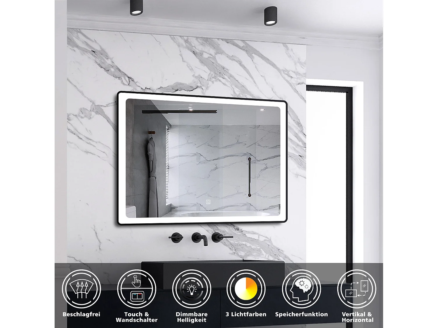 AICA Badspiegel mit LED-Beleuchtung 100x60cm Beschlagfrei 3 Lichtfarbe 3000K-6000K+Dimmbar Schwarz Rahmen