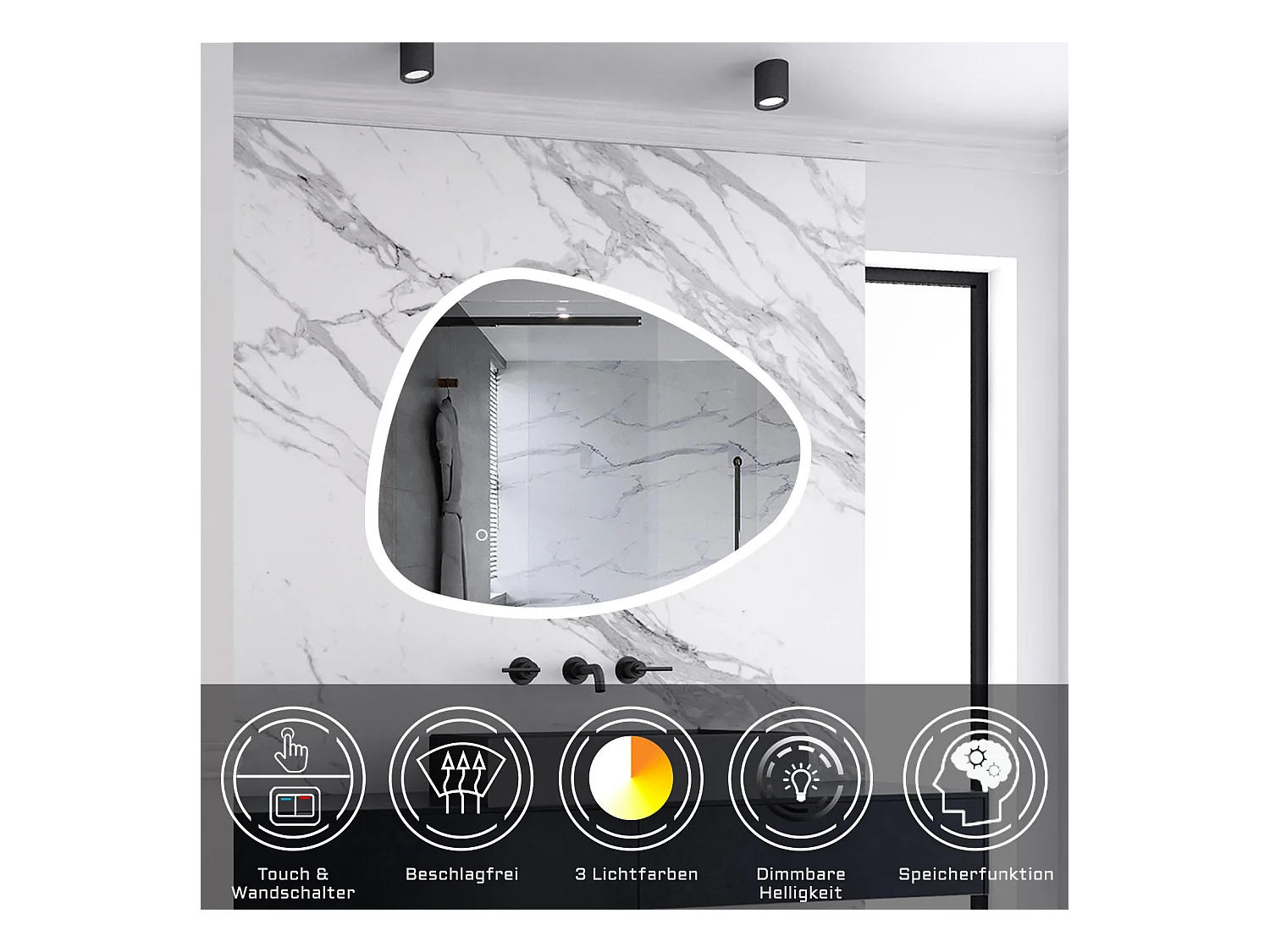 AICA LED Badspiegel 80x65cm Spezial Rund Anti-Beschlag 3 Lichfarbe Dimmbar Memory-Funktion Wand/Touchschalter