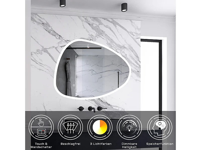 AICA LED Badspiegel 80x65cm Spezial Rund Anti-Beschlag 3 Lichfarbe Dimmbar Memory-Funktion Wand/Touchschalter