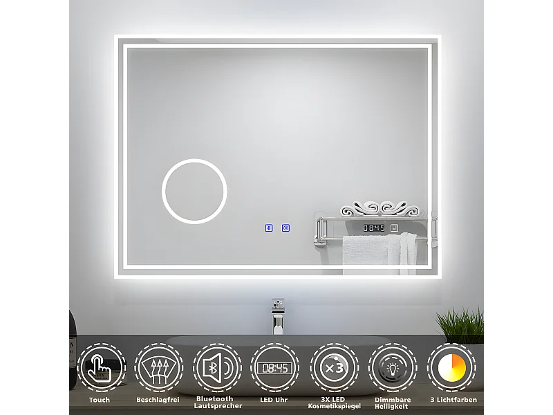 AICA Badezimmerspiegel mit LED-Beleuchtung 100x60cm Bluetooth Uhr Kosmetikspiegel 3 Lichtfarbe+Dimmbar Beschlagfrei Memory-Funktion