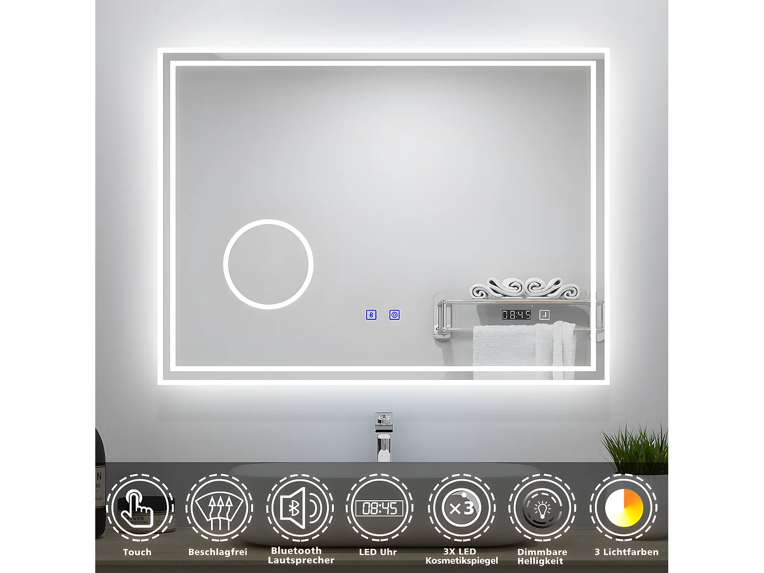 AICA Badezimmerspiegel mit LED-Beleuchtung 100x60cm Bluetooth Uhr Kosmetikspiegel 3 Lichtfarbe+Dimmbar Beschlagfrei Memory-Funktion