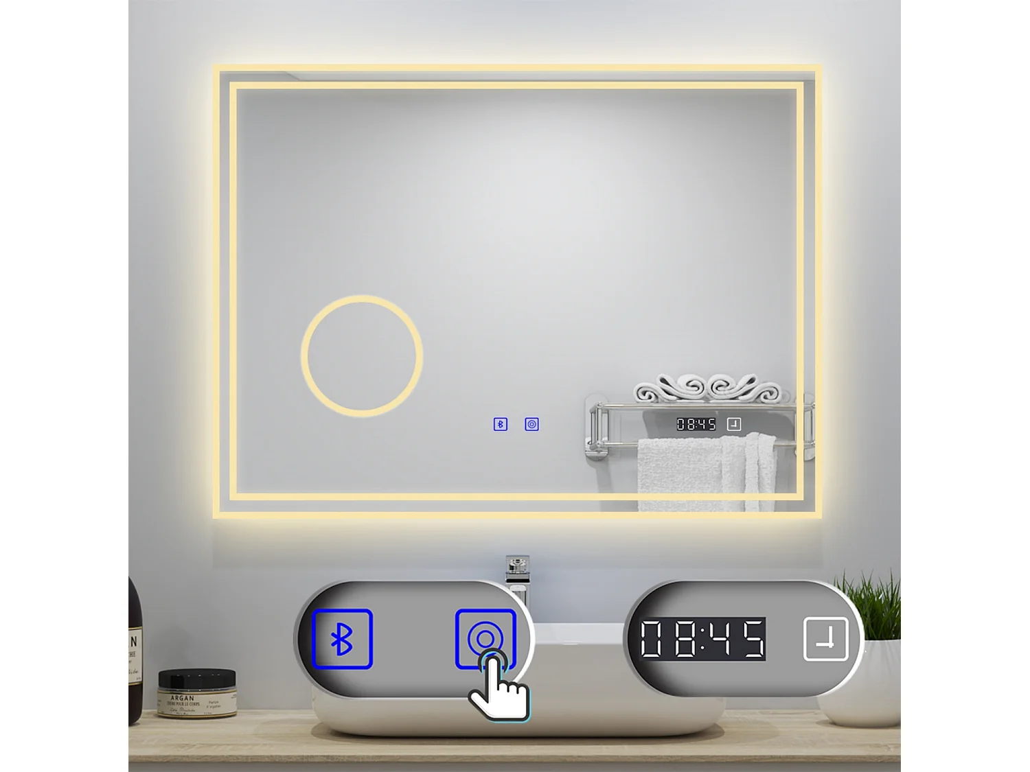 AICA Badezimmerspiegel mit LED-Beleuchtung 100x60cm Bluetooth Uhr Kosmetikspiegel 3 Lichtfarbe+Dimmbar Beschlagfrei Memory-Funktion