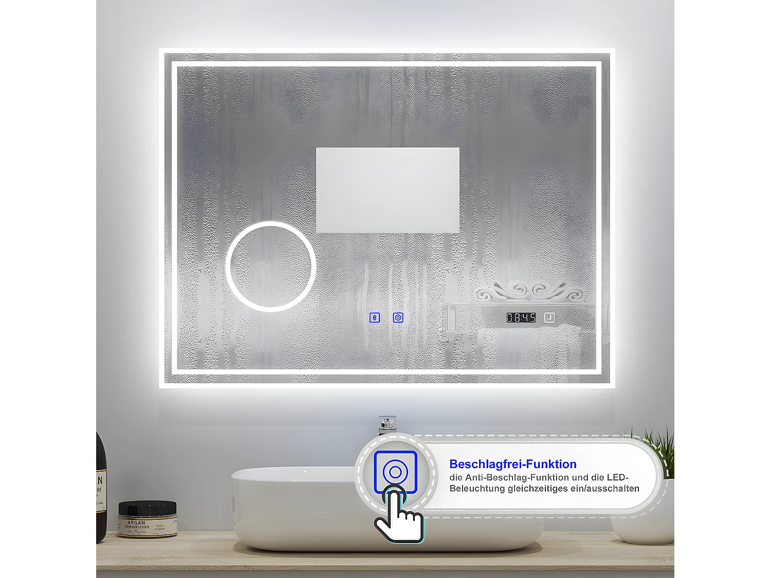 AICA Badezimmerspiegel mit LED-Beleuchtung 100x60cm Bluetooth Uhr Kosmetikspiegel 3 Lichtfarbe+Dimmbar Beschlagfrei Memory-Funktion