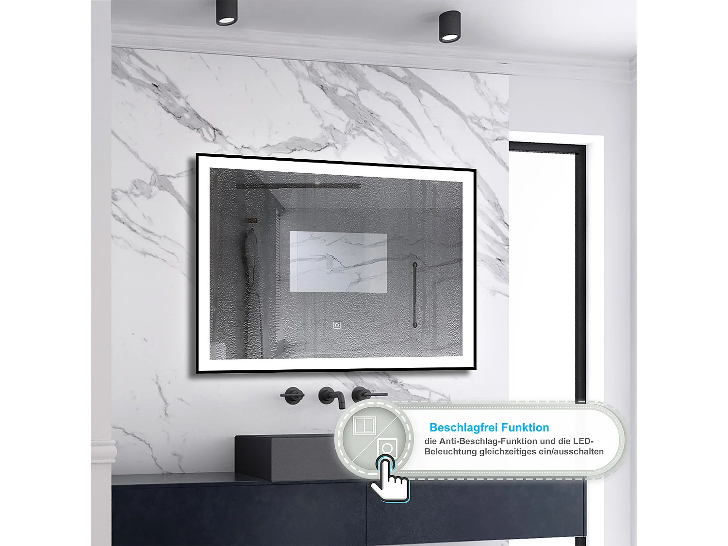 AICA LED Wandspiegel 80x60cm Beschlagfrei 3 Lichtfarbe+Dimmbar Schwarz Rahmen Memory-Funktion