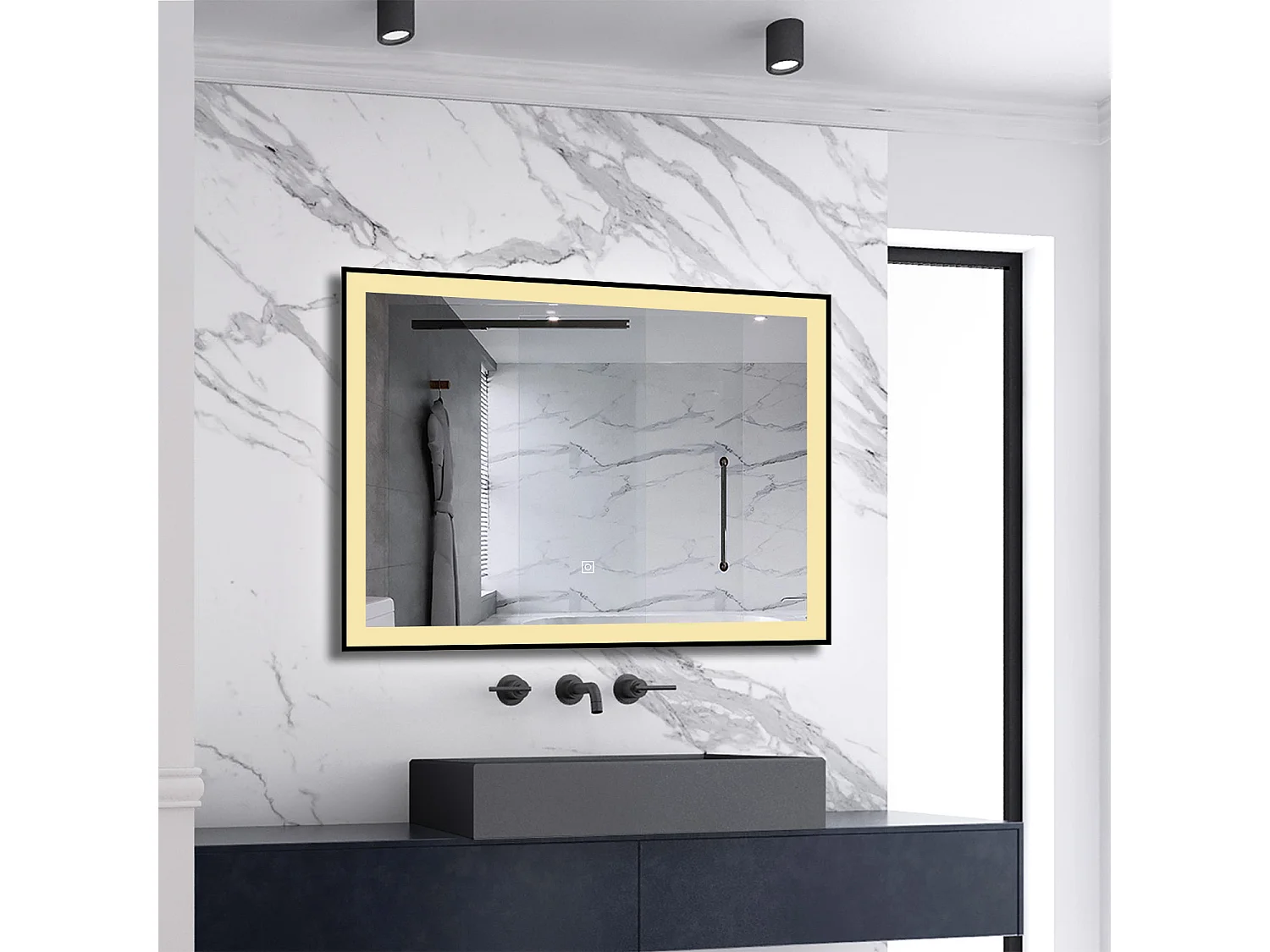 AICA LED Wandspiegel 80x60cm Beschlagfrei 3 Lichtfarbe+Dimmbar Schwarz Rahmen Memory-Funktion