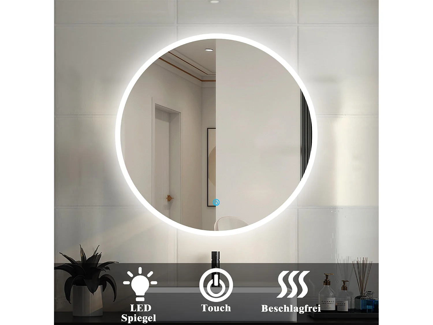 AICA Rund Badspiegel mit LED-Beleuchtung ø60cm Touchschalter Beschlagfrei Kaltweiß