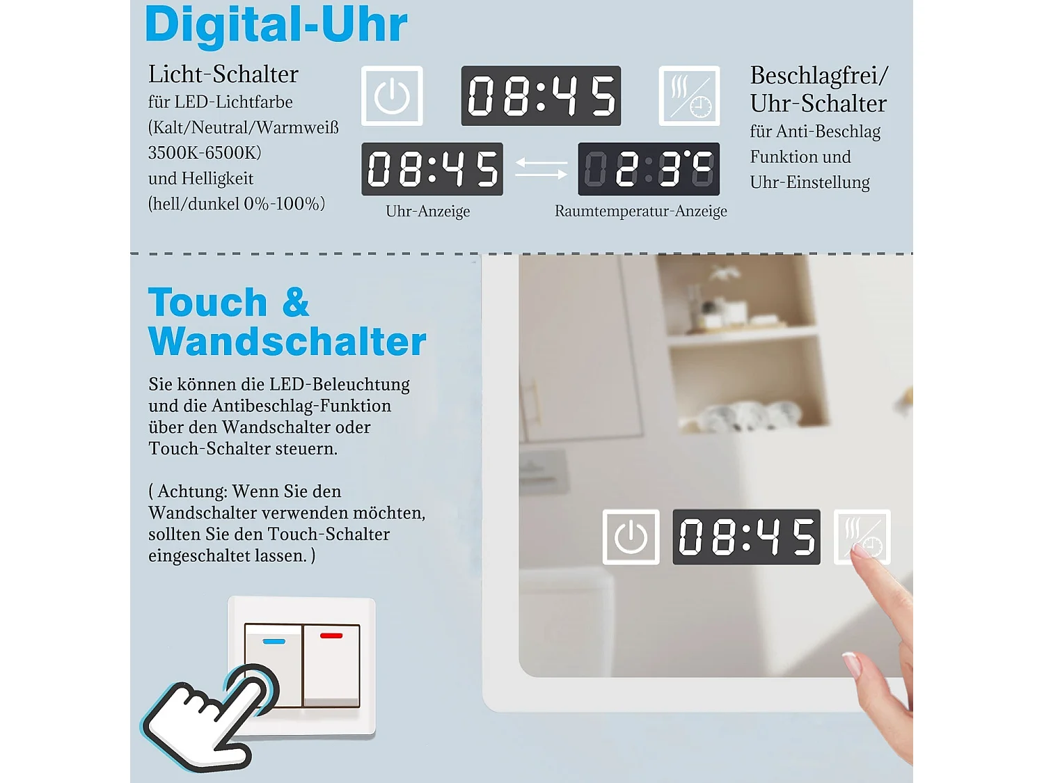 AICA LED Badspiegel 140x80cm Wand/Touchschalter - Uhr - Beschlagfrei - 3 Lichtfarbe - Dimmbar - Memory-Funktion