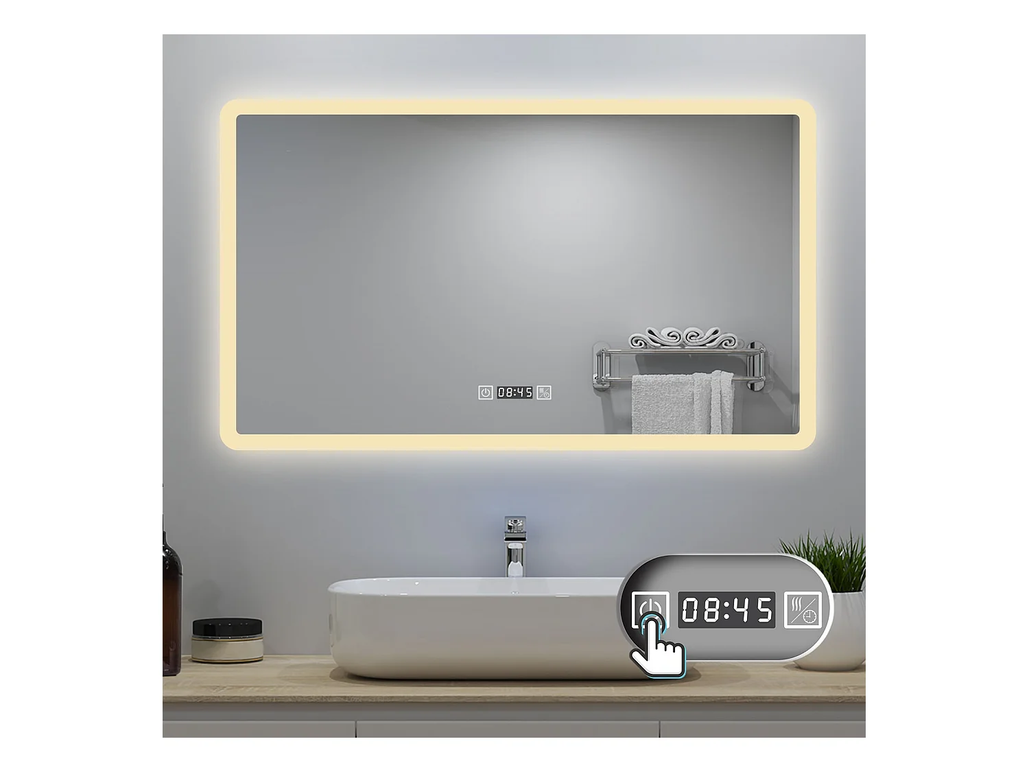 AICA LED Badspiegel 140x80cm Wand/Touchschalter - Uhr - Beschlagfrei - 3 Lichtfarbe - Dimmbar - Memory-Funktion