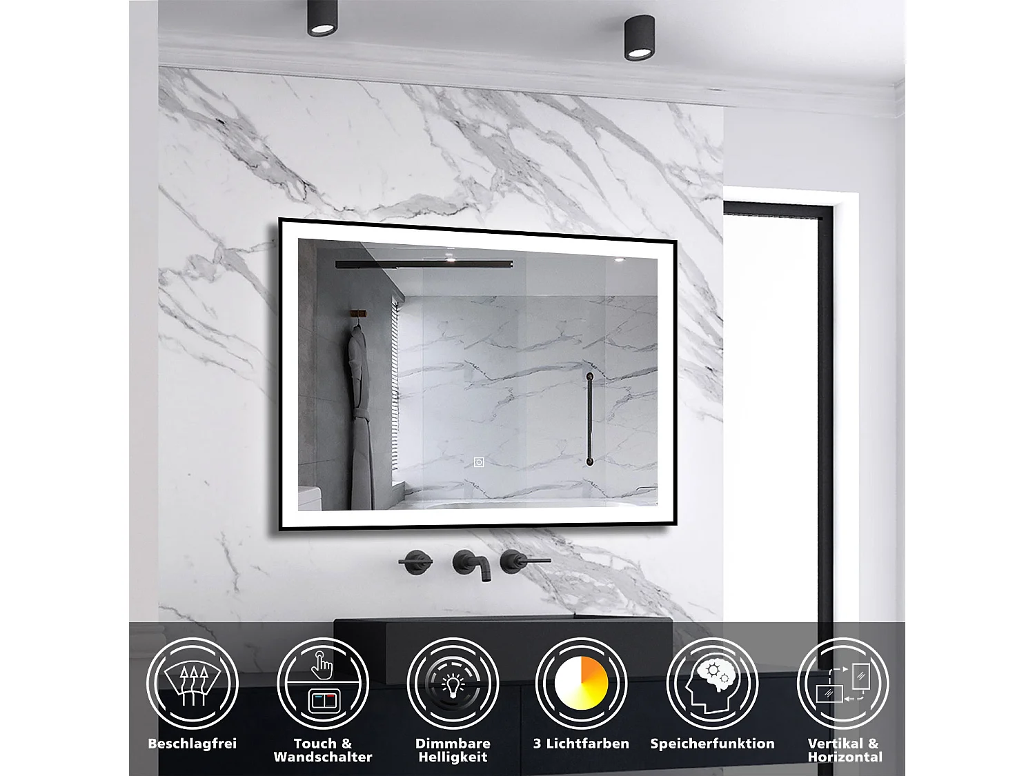 AICA LED Wandspiegel 90x70cm Beschlagfrei 3 Lichtfarbe+Dimmbar Schwarz Rahmen Memory-Funktion