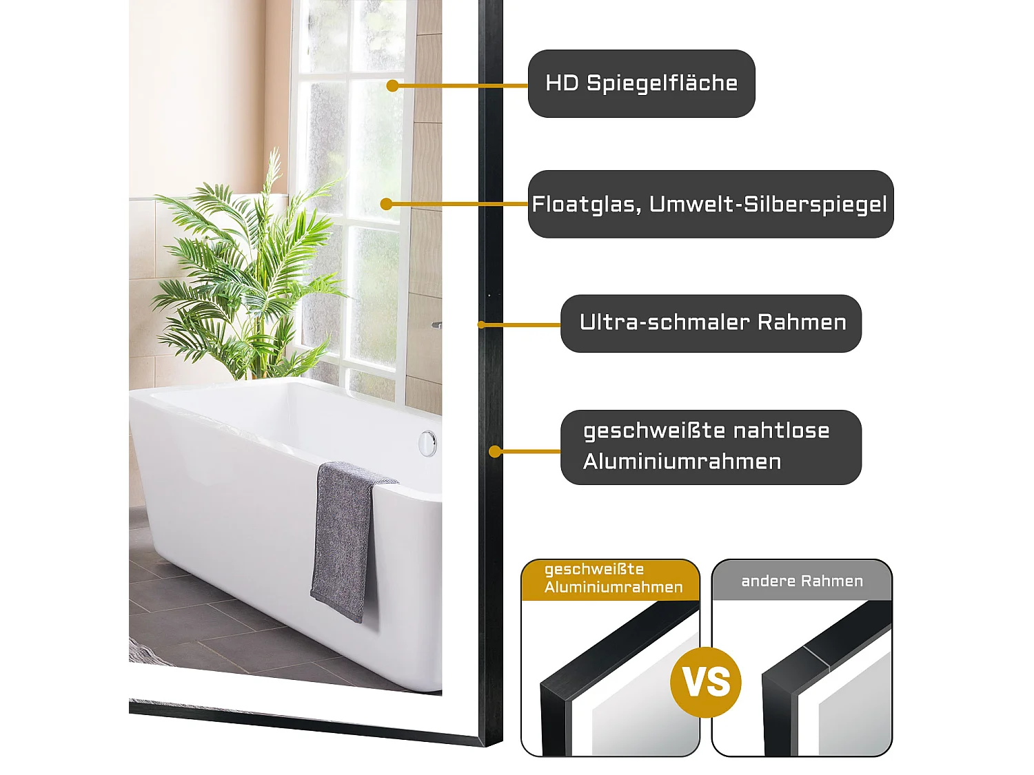 AICA LED Wandspiegel 90x70cm Beschlagfrei 3 Lichtfarbe+Dimmbar Schwarz Rahmen Memory-Funktion