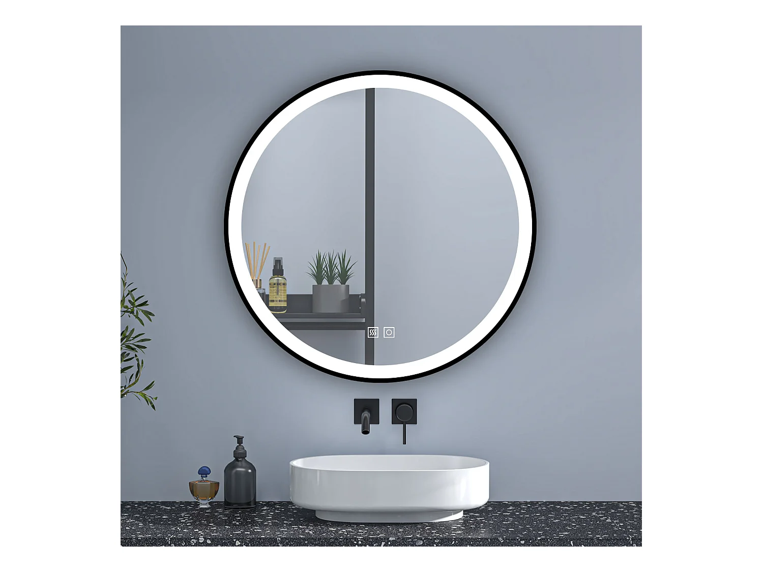 AICA Rund LED Badspiegel 70cm Beschlagfrei 3 Lichtfarbe+Dimmbar Memory-Funktion Schwarz Rahmen Wand/Touchschalter
