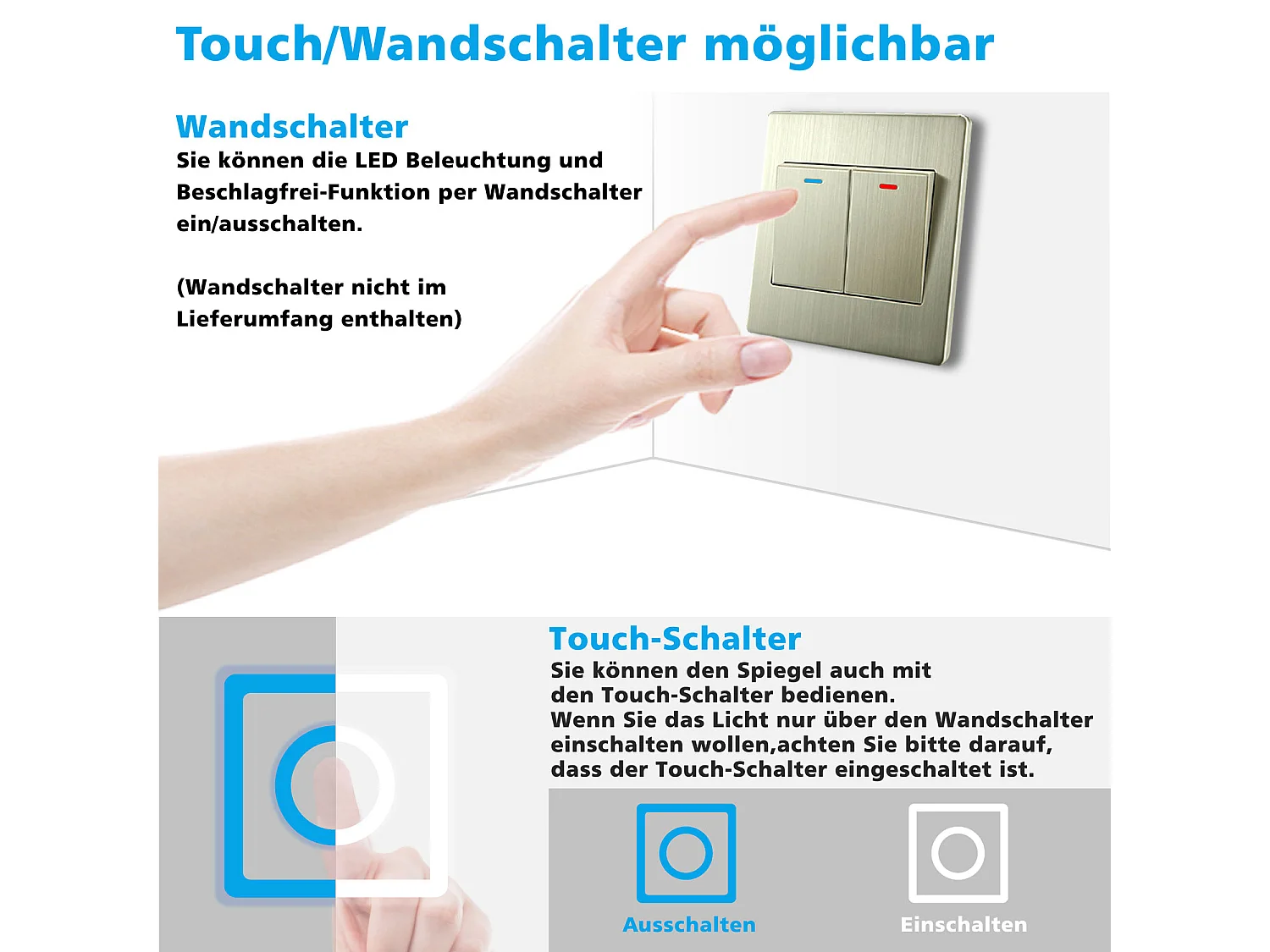 AICA Rund Badspiegel mit LED-Beleuchtung ø50cm 3 Lichtfarbe+Dimmbar Beschlagfrei Memory-Funktion Wand/Touchschalter