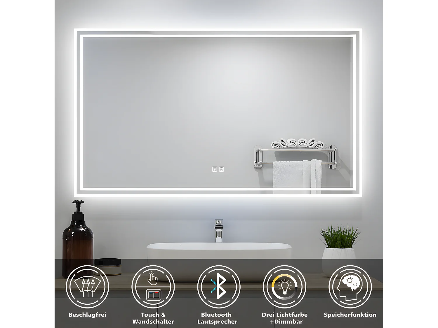 AICA Badezimmerspiegel mit LED-Beleuchtung 100x60cm Bluetooth 3 Lichtfarbe+Dimmbar Beschlagfrei Memory-Funktion