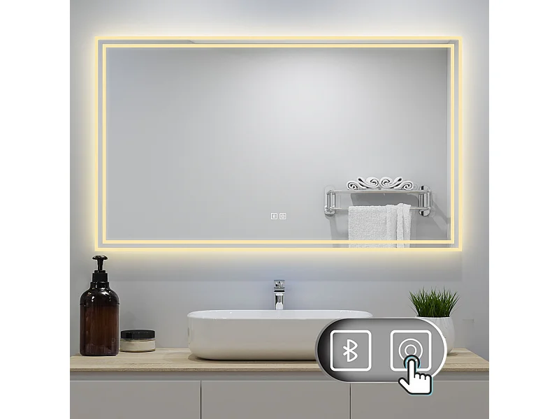 AICA Badezimmerspiegel mit LED-Beleuchtung 100x60cm Bluetooth 3 Lichtfarbe+Dimmbar Beschlagfrei Memory-Funktion