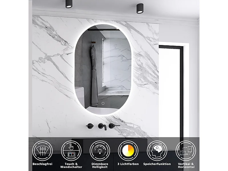 AICA LED Badspiegel 45x75cm Oval Anti-Beschlag 3 Lichfarbe Dimmbar Memory-Funktion Wand/Touchschalter