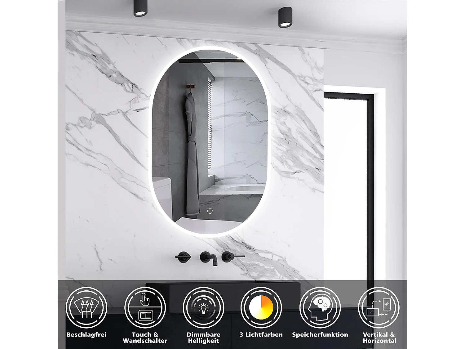 AICA LED Badspiegel 45x75cm Oval Anti-Beschlag 3 Lichfarbe Dimmbar Memory-Funktion Wand/Touchschalter
