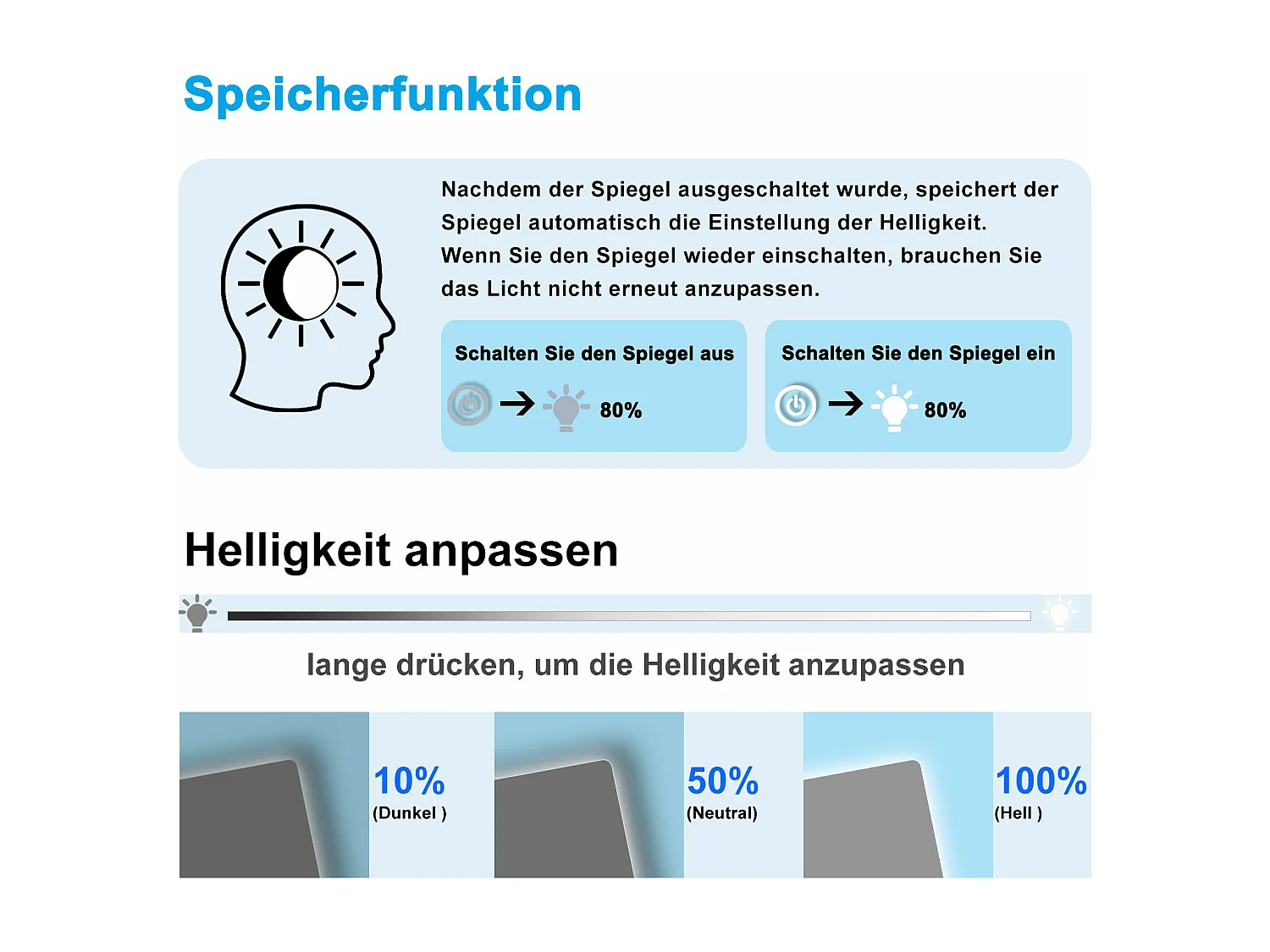 AICA Badspiegel mit LED-Beleuchtung 80x60cm Kaltweiß Dimmbar Memory-Funktion