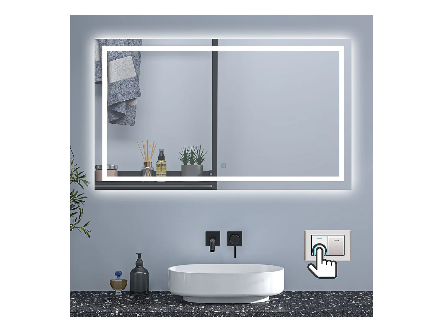 AICA Badspiegel mit LED-Beleuchtung 120x70cm Wand/Touchschalter Beschlagfrei 3 Lichtfarbe+Dimmbar Memory-Funktion - PALMAR