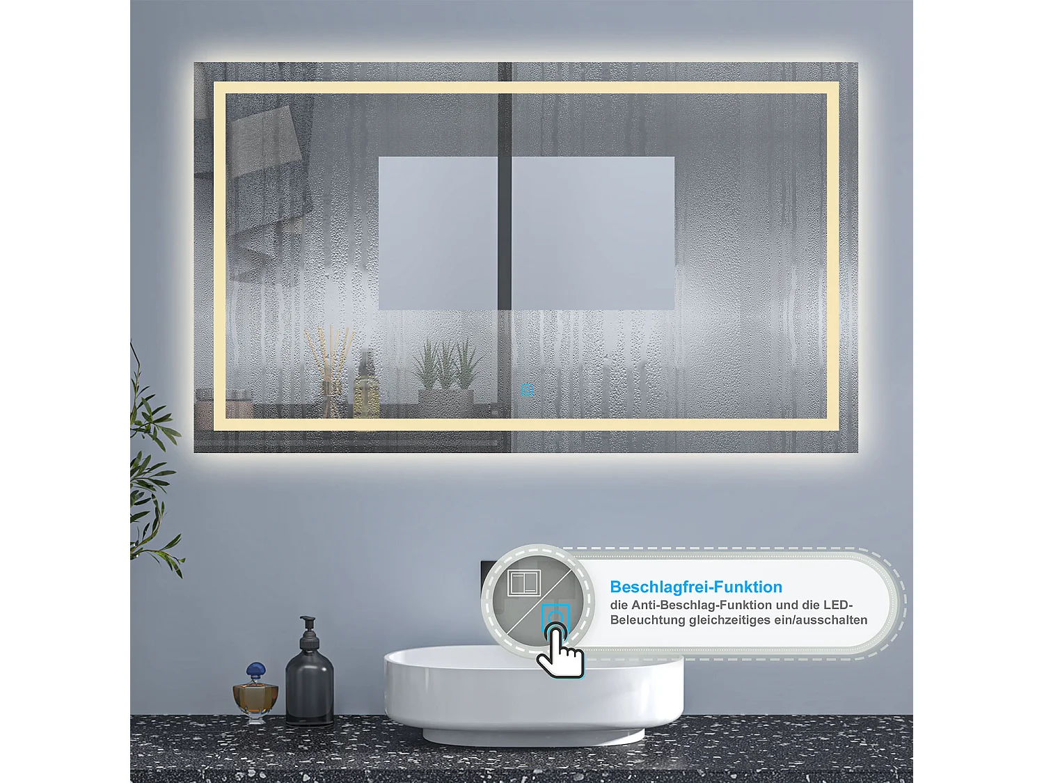 AICA Badspiegel mit LED-Beleuchtung 120x70cm Wand/Touchschalter Beschlagfrei 3 Lichtfarbe+Dimmbar Memory-Funktion - PALMAR