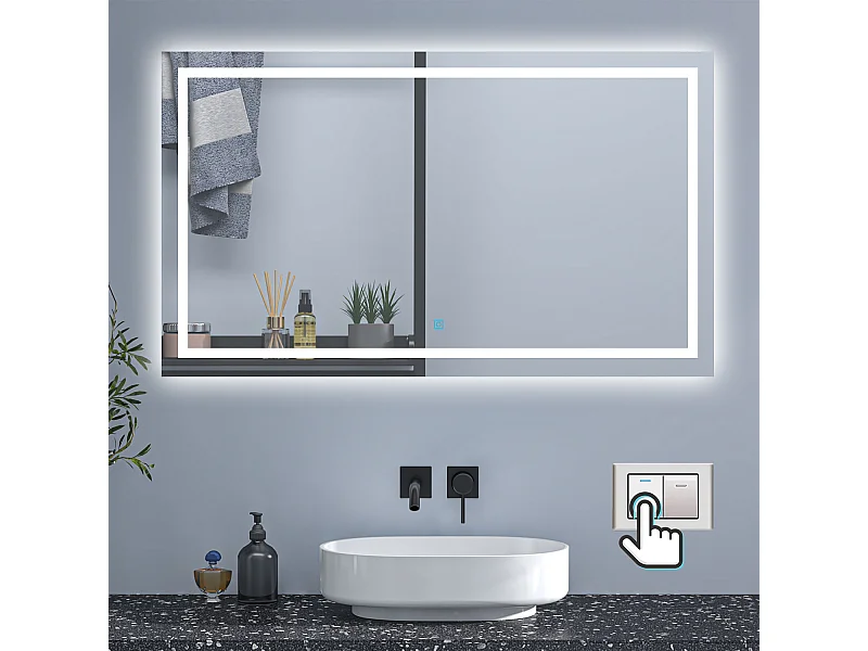 AICA Badspiegel mit LED-Beleuchtung 120x70cm Wand/Touchschalter Beschlagfrei 3 Lichtfarbe+Dimmbar Memory-Funktion - PALMAR