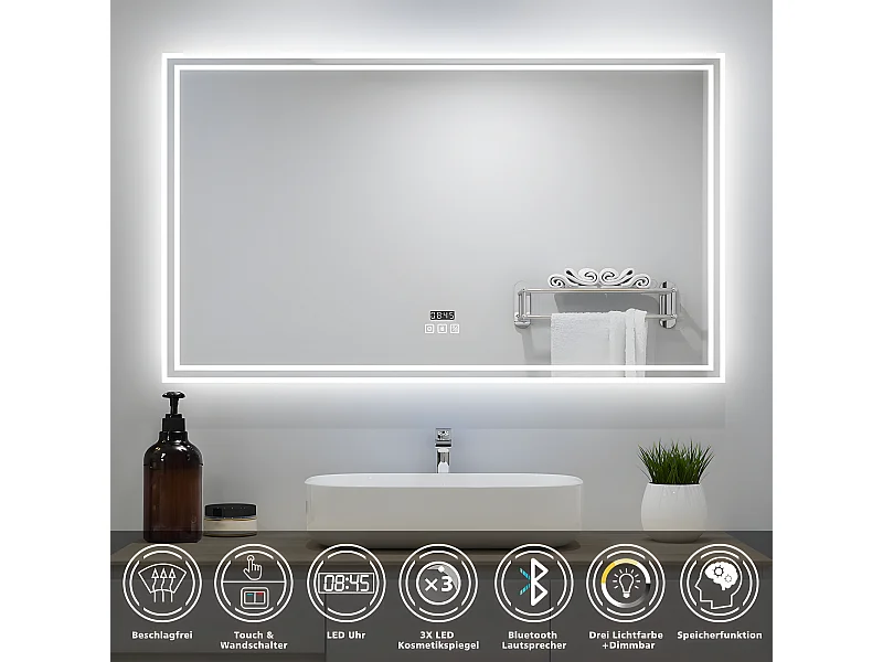 AICA Badezimmerspiegel mit LED-Beleuchtung 140x80cm Bluetooth Uhr 3 Lichtfarbe+Dimmbar Beschlagfrei Memory-Funktion