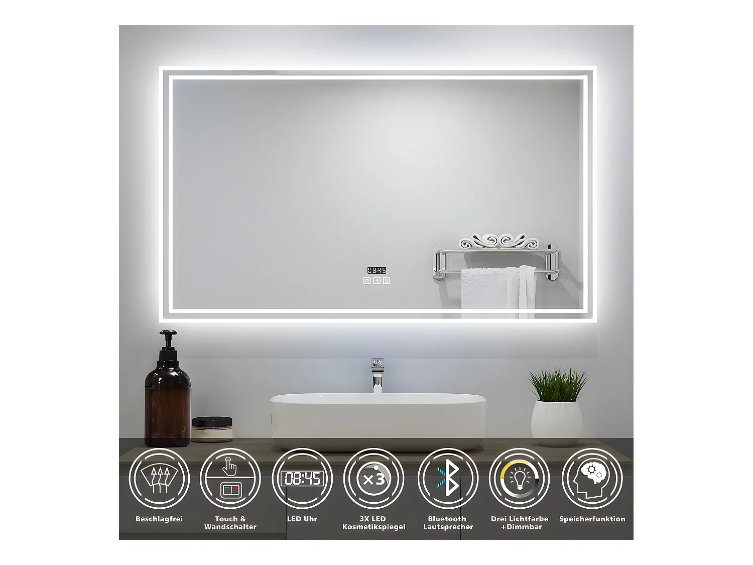 AICA Badezimmerspiegel mit LED-Beleuchtung 140x80cm Bluetooth Uhr 3 Lichtfarbe+Dimmbar Beschlagfrei Memory-Funktion