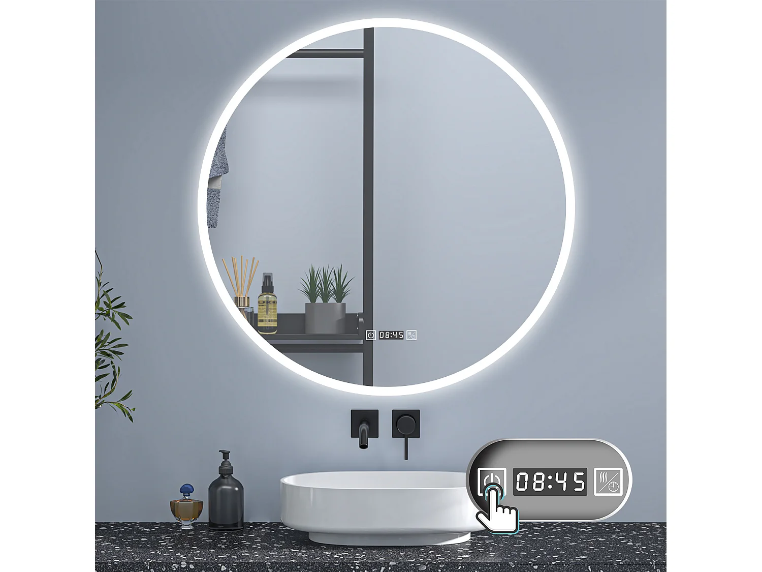 AICA Rund LED Badspiegel ø80cm Uhr 3 Lichtfarbe+Dimmbar Beschlagfrei Memory-Funktion Wand/Touchschalter