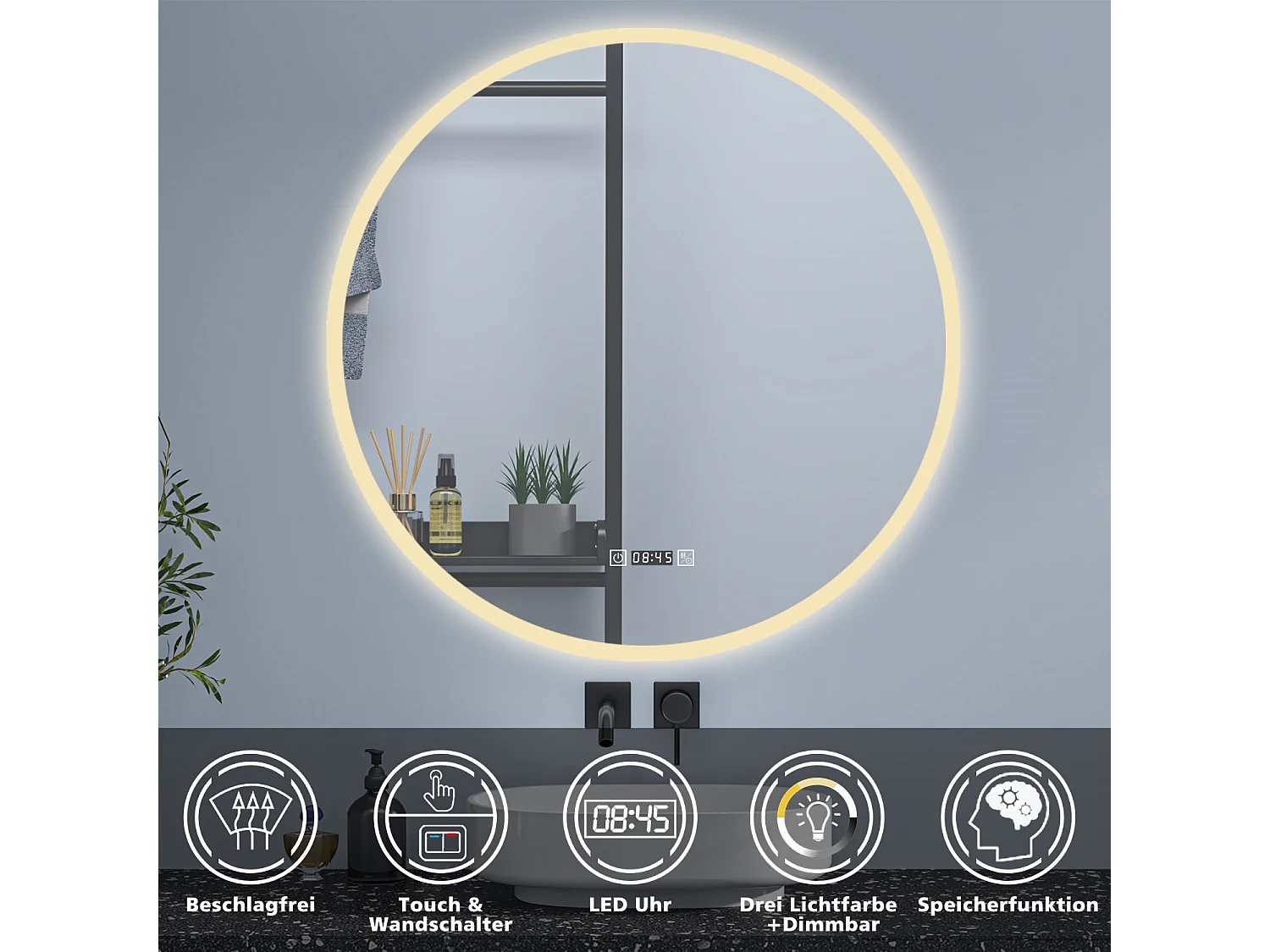 AICA Rund LED Badspiegel ø80cm Uhr 3 Lichtfarbe+Dimmbar Beschlagfrei Memory-Funktion Wand/Touchschalter