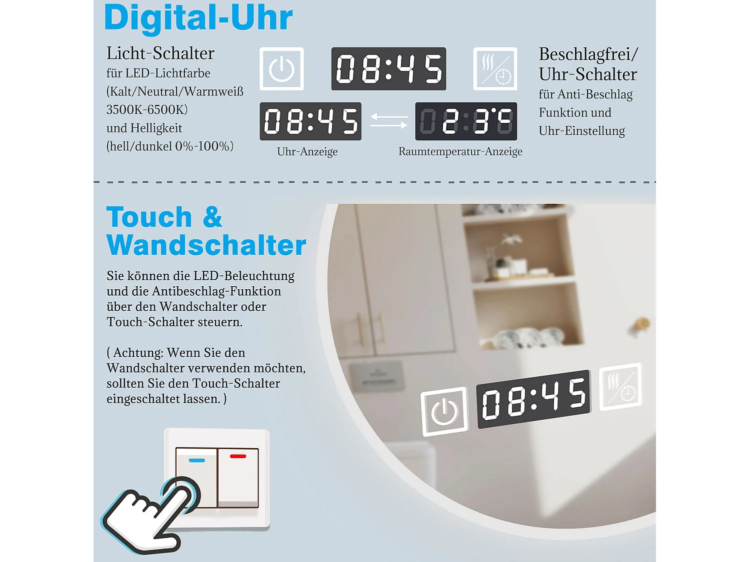 AICA Rund LED Badspiegel ø80cm Uhr 3 Lichtfarbe+Dimmbar Beschlagfrei Memory-Funktion Wand/Touchschalter